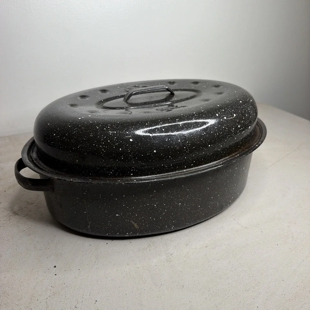 Large Enamel Roasting Pan with Lid – Speckled Black Oven Roaster Turkey Pot 16